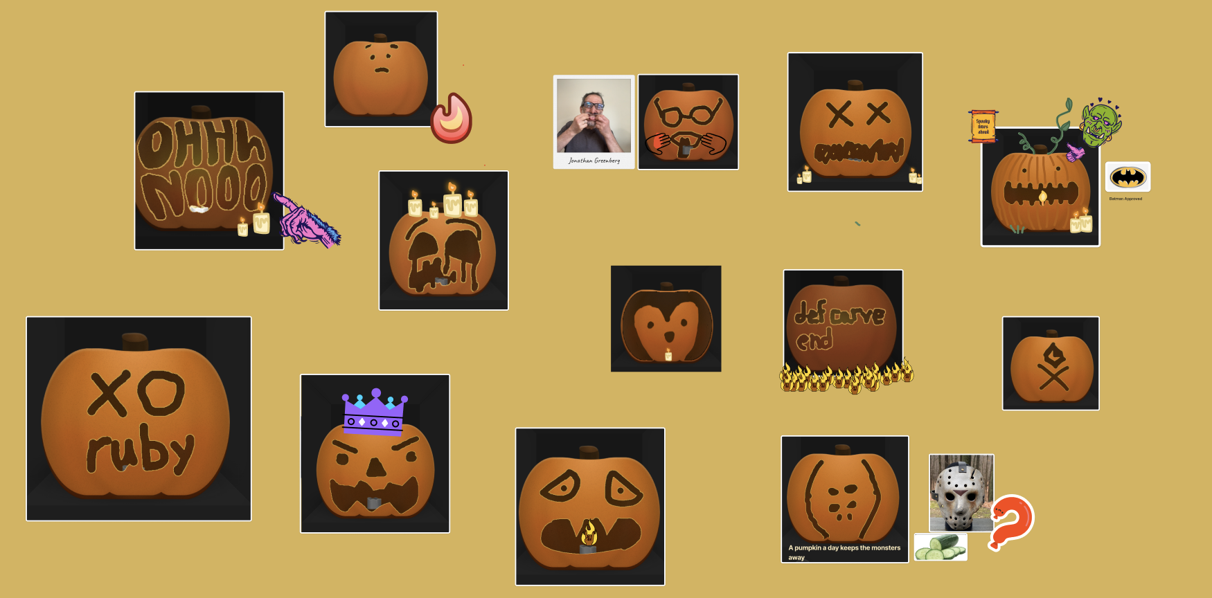 A collection of carved pumpkins created together by the team, featuring diverse designs including quirky self-portraits, a cute penguin, a melting face, the XORuby logo, a Ruby method called 'carve,' and a sad vampire pumpkin, showcasing the team's creativity and playful spirit."